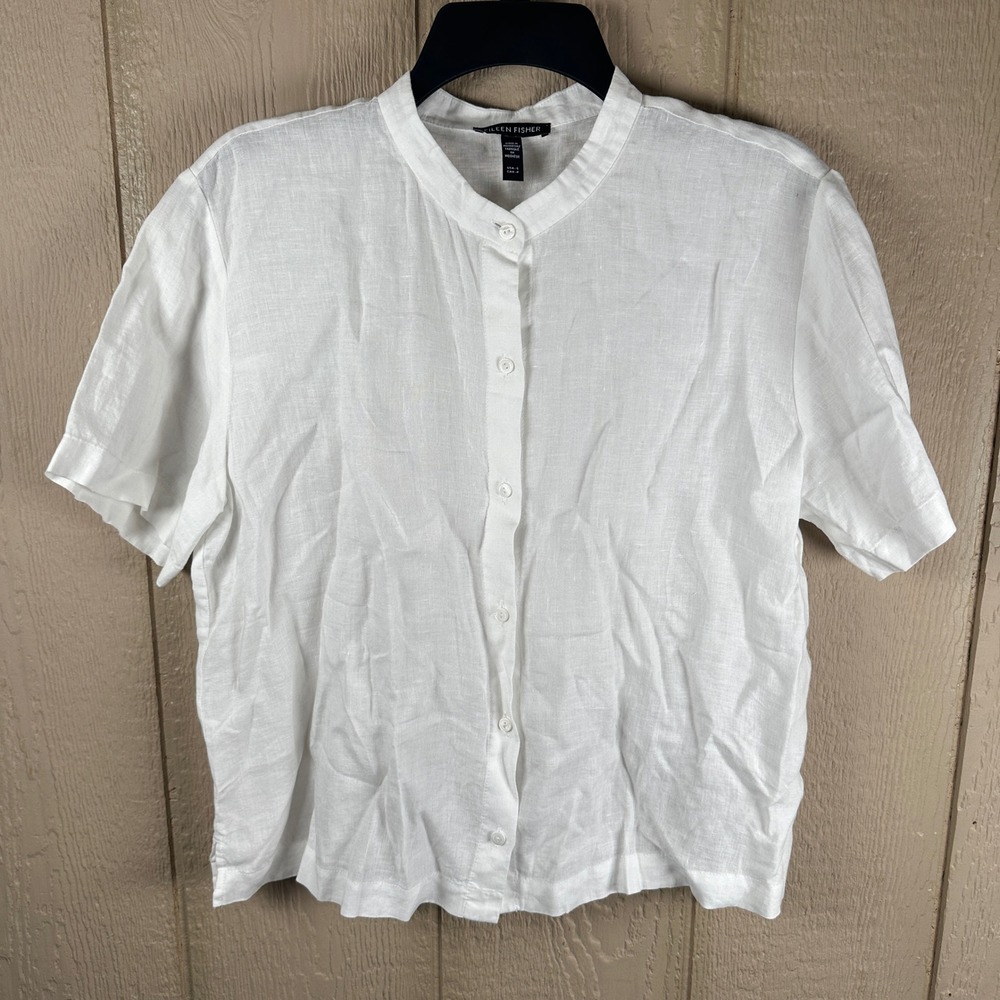 Eileen Fisher Button Up Shirt Womens Small White Organic Linen Mandarin Collar